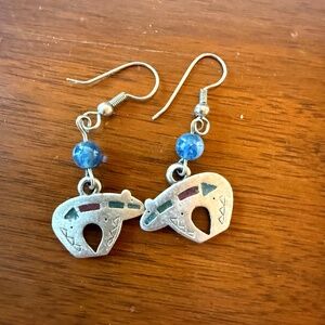 Vintage! Silver and inlayed stone bear dangle earrings